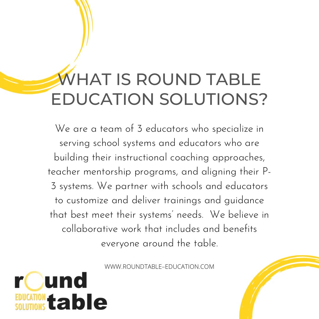 RoundTable_Ed's tweet photo. Follow @mrogholt and her colleagues @RoundTable_Ed! Round Table Education Solutions provides #InstructionalCoaching training, #NewTeacherMentorship, and #P3Alignment guidance for school systems and educators. https://t.co/l4i1XlP7ro