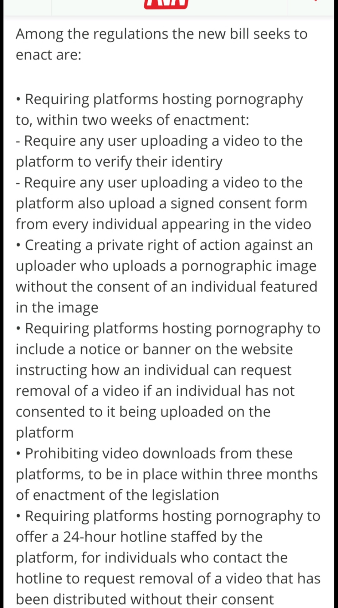 2 pic. Tighter verification standards for adult sites, also requiring a 24hr removal request hotline for content, that would need to be removed within 2 hours of contact - proposed by this new bill https://t.co/sITv91HUAK