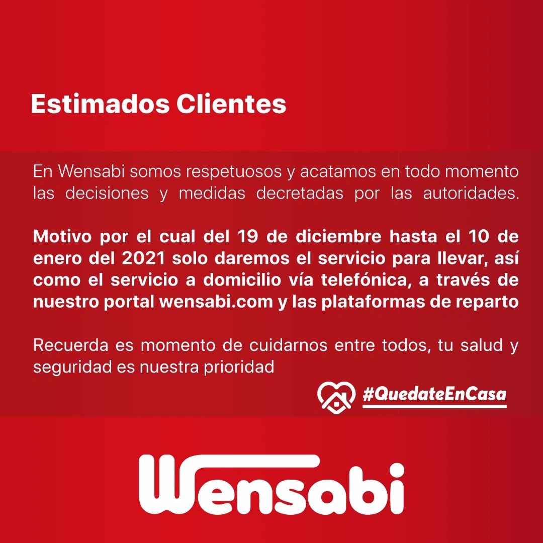 Comunicado Wensabi 

Para  Wensabi tu salud y seguridad es nuestra prioridad y es momento de cuidarnos entre todos #QuedateEnCasa

wensabi.com