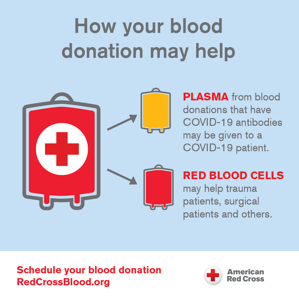 RedCrossGAR's tweet photo. Red Cross blood donors have a new opportunity to help patients fighting COVID-19! If a blood donation tests positive for COVID-19 antibodies, plasma from that donation may now help coronavirus patients in need of convalescent plasma transfusions. https://t.co/ZDR1L9nqo6
