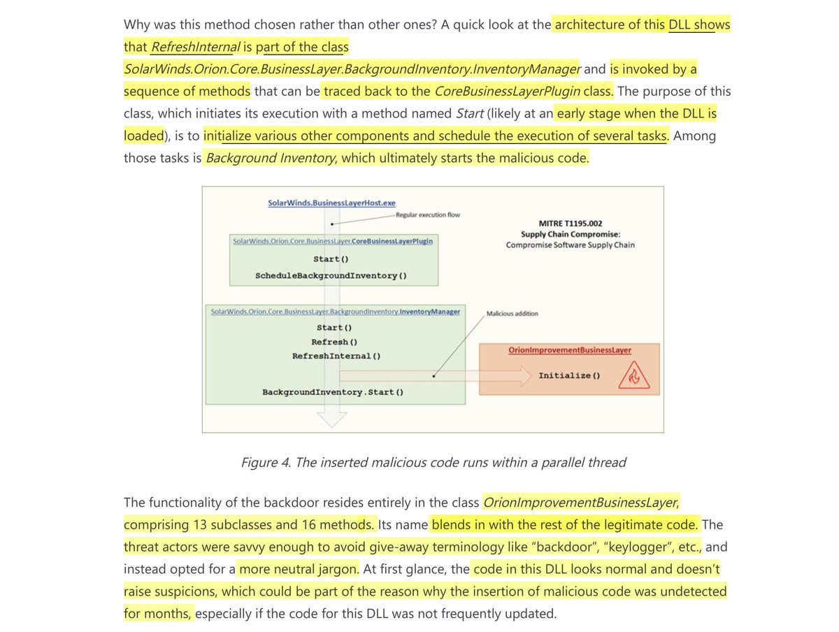 HOLY SHITTLESTIX architecture of this DLL shows RefreshInternal is part of the class SolarWinds.Orion.Core.BusinessLayer.BackgroundInventory.InventoryManager invoked by a sequence of methods that can be traced back to the CoreBusinessLayerPlugin class https://www.microsoft.com/security/blog/2020/12/18/analyzing-solorigate-the-compromised-dll-file-that-started-a-sophisticated-cyberattack-and-how-microsoft-defender-helps-protect/