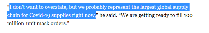 In early April 2020, Thomas said in an interview: “I don't want to overstate, but we probably represent the largest global supply chain for Covid-19 supplies right now.” When asked how he obtained the sought after masks he said:“it’s just relationship-based”