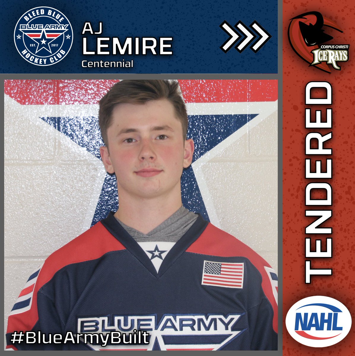 BlueArmyHockey's tweet photo. 🚨Ray Alert🚨 @goicerays tender AJ LeMire! AJ suited up for Blue Army U16 & U18 in 2018 and 2019. Congrats AJ! #BleedBlue #BlueArmyBuilt https://t.co/14lBOYk1RC