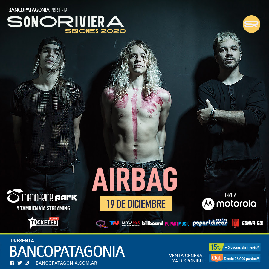 #Online | #Show #SonoRiviera #Airbag <a href="/AirbagInfo/">AIRBAG</a> 
📅 Sábado 19/12
🎟️ ow.ly/Dy8X50CH69O
💻 Ticketek Live - ticketek.com.ar