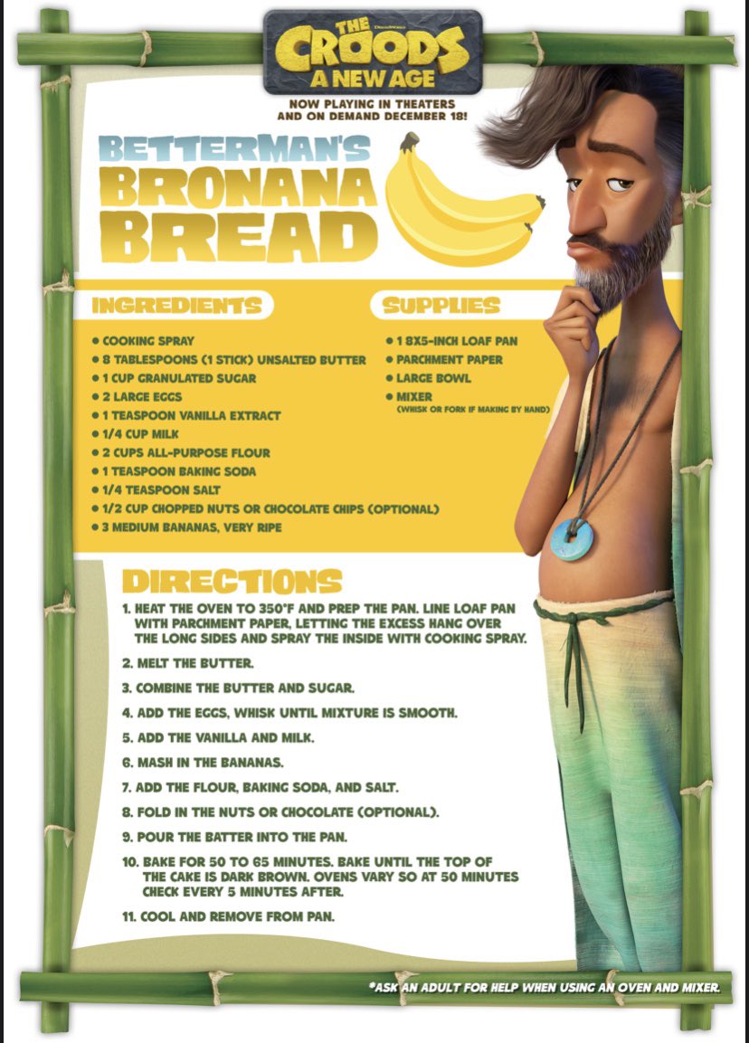 xoair's tweet photo. 🍌 I’ll be making Betterman’s Bronana Bread! Yum! 
#TheCroodsWatchParty #CroodsNewAge https://t.co/jmkihSrC8m