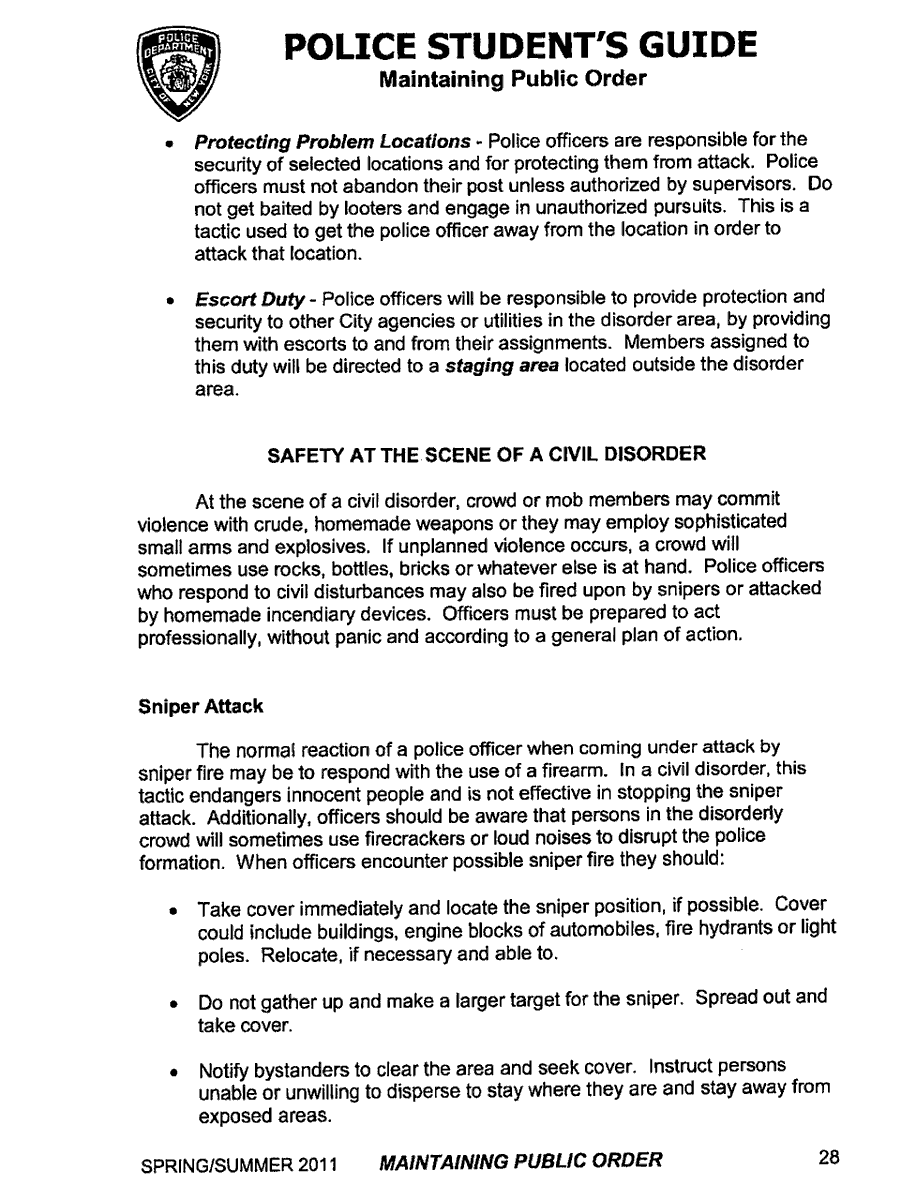 The next sections of the NYPD Police Academy Spring/Summer 2011 Police Student's Guide section on "Maintaining Public Order" (pages 26-30) relate to:* Rapid, controlled response* Team assignments* Police safety; and* "Overview of Civil Disorder"