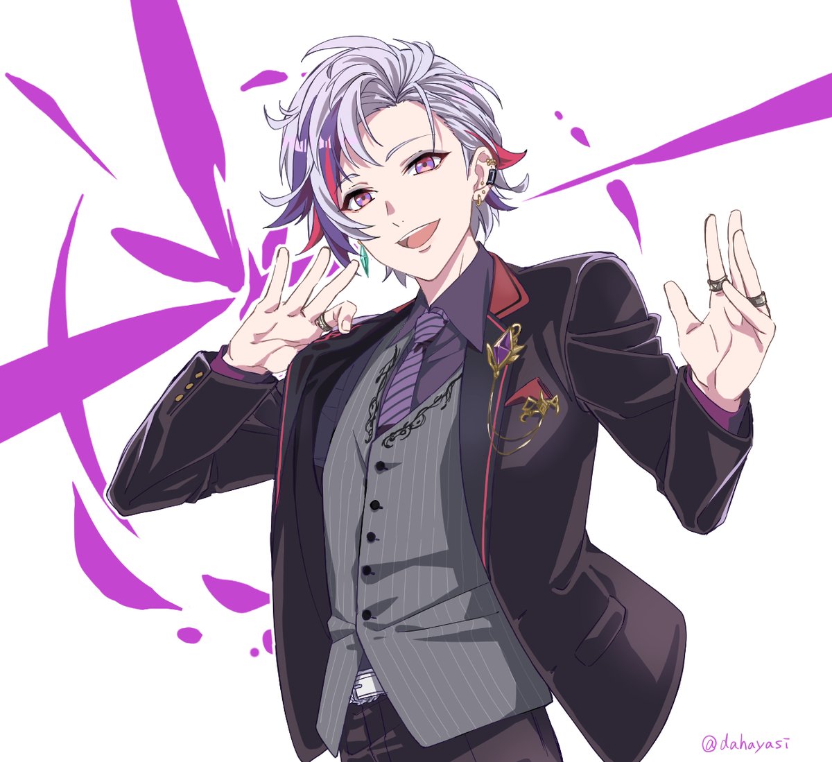 1boy male focus streaked hair solo ring jewelry purple hair  illustration images