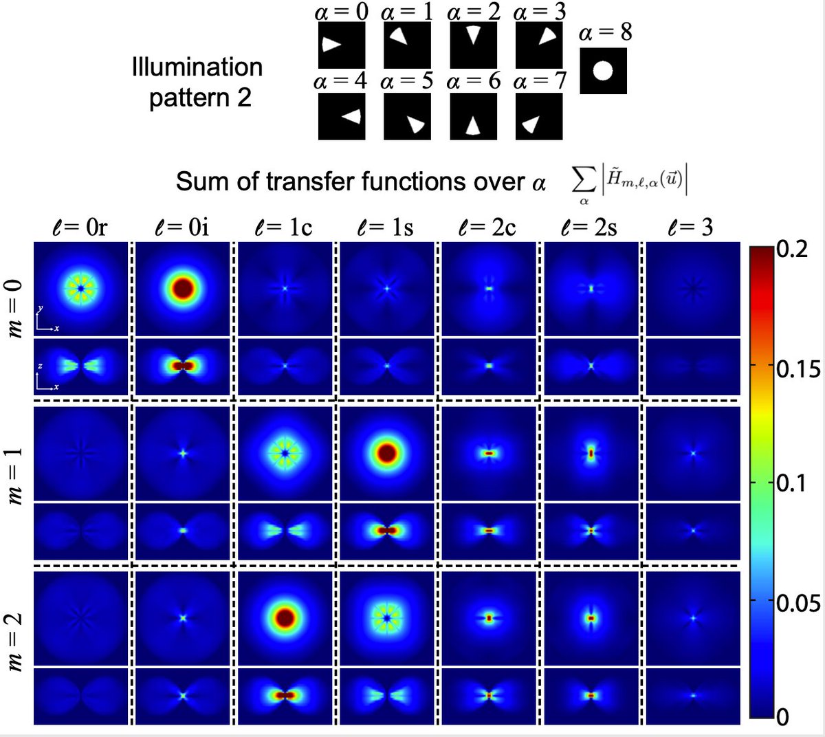Assuming uniaxial symmetry, single scattering, and weak absorption allows linearization of the forward model, which can be inverted with multi-channel deconvolution. These OTFs relate recorded volumes (rows) and scatterinng potential tensor (columns) in Fourier space. (13/n)