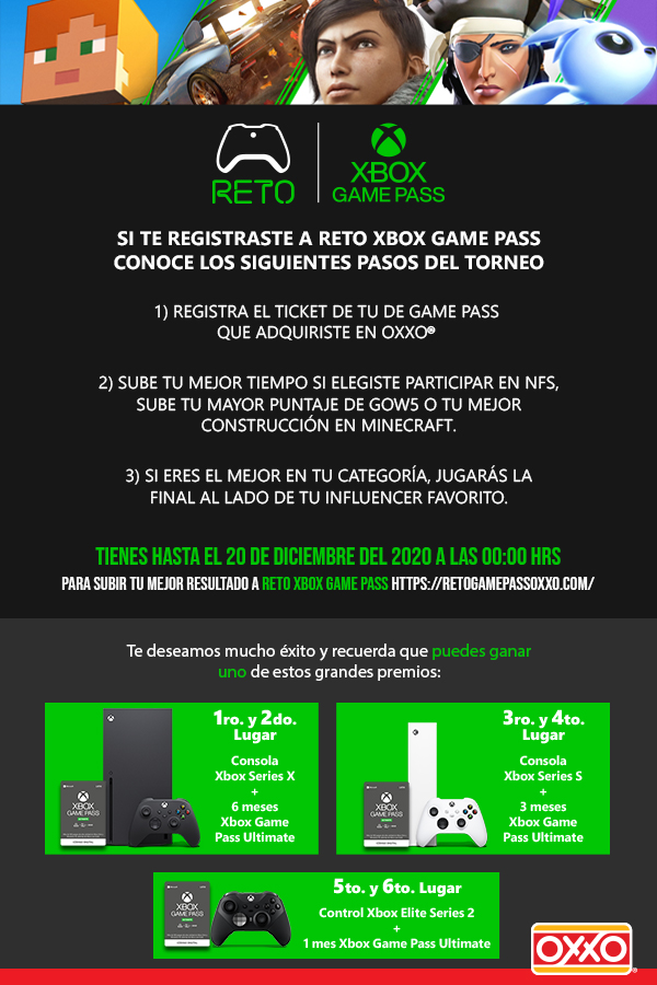 LMVmx's tweet photo. Si te registraste a #RetoGamePass recuerda que debes subir en esta página 👉 https://t.co/7lAMWWHOkj 👈 tu mejor tiempo en #Needforspeedheat, tu mejor puntaje en #GearsofWars5 o tu mejor construcción en #Minecraft
Compite y gana @XboxMexico @Tiendas_OXXO https://t.co/4jrDEoH0sX
