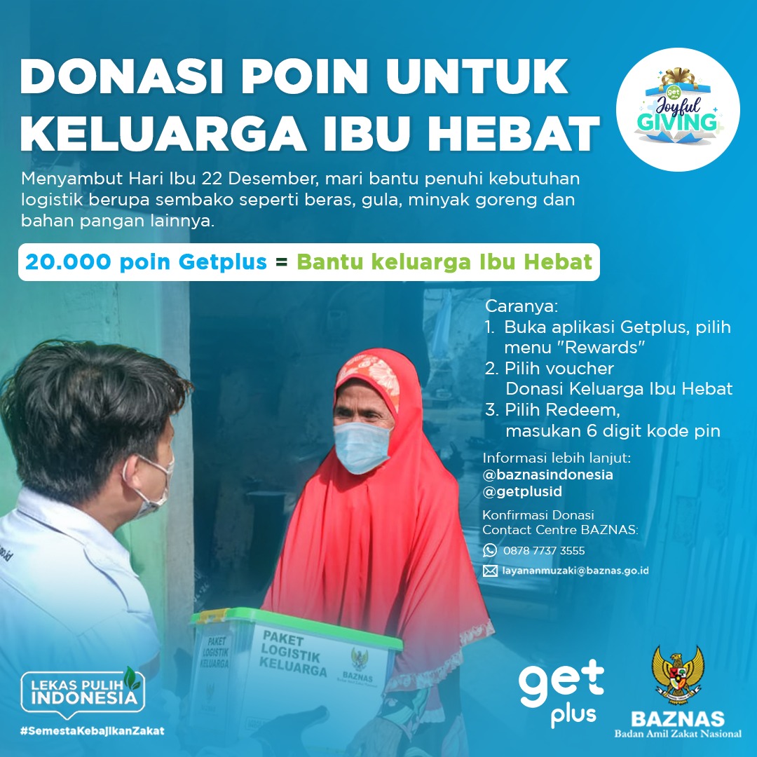 baznasindonesia's tweet photo. Mari bantu penuhi kebutuhan logistik keluarga ibu hebat untuk bisa terus berkarya. Dengan berdonasi sebesar 20.000 Poin.
Caranya:
1. Buka aplikasi Getplus, pilih menu Reward
2. Pilih voucher Donasi
3. Pilih redeem
Konfirmasi sedekah: https://t.co/RfoywNuQfN
#BAZNAS #GetPlus https://t.co/H9rsXTM03g