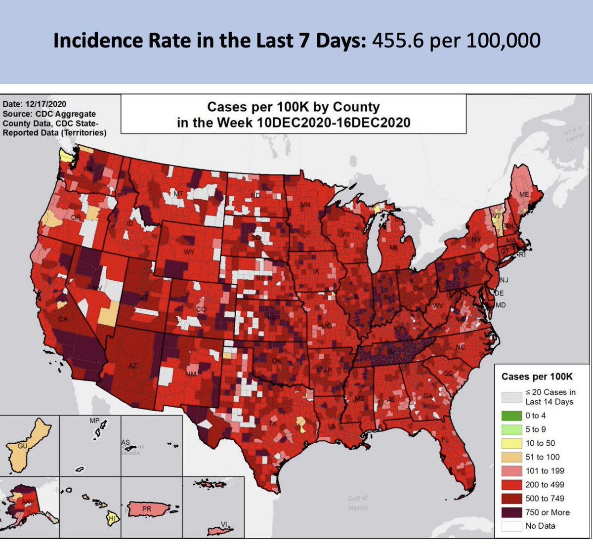 NOT GREAT: What the data show. Every US region, along with most counties for which there are data, is at the highest (red) level in terms of case incidence — more than 200/100K/week. That’s about 6x the rate at which we figured contact tracing would be hard or impossible. 4/17