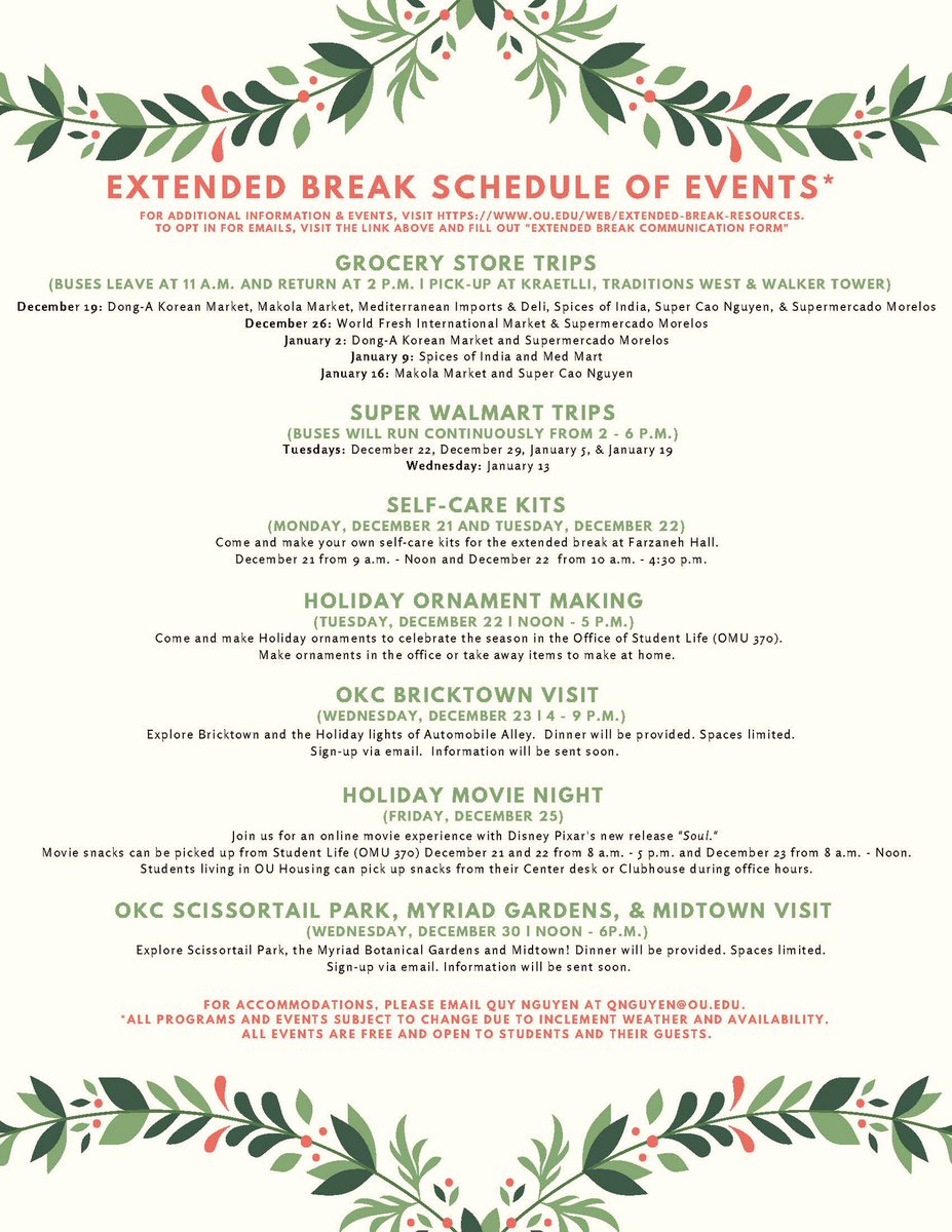 If you are around Norman for the extended break, OU has great resources and events available. See below for some special events for the upcoming week. More events to come. For more info and additional events, visit ou.edu/web/extended-b…