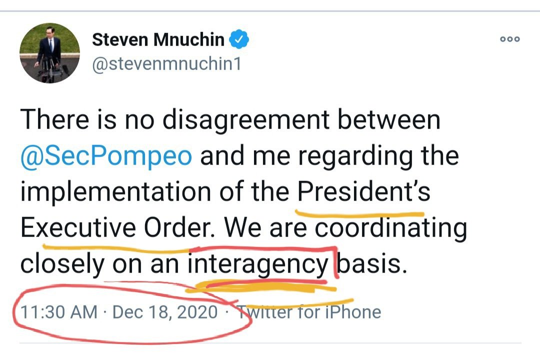 DEVELOPING: Dec 18, 2020 Sec. of State  @SecPompeo & Sec. Treasury  @StevenMnuchin1 published coordinated Tweets at 11:30-11:31 am.Per  @realDonaldTrump Exec. Order 13848, Sec. 3(b), Secretaries of State & Treasury must provide a Joint Recommendation (Interagency) on sanctions.