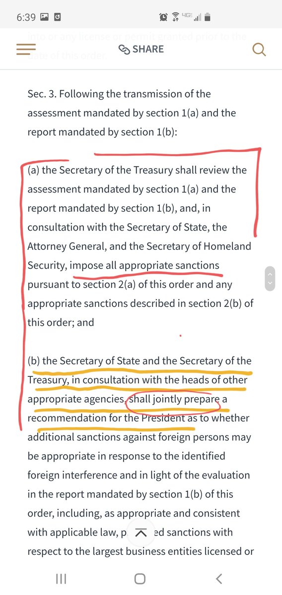 DEVELOPING: Dec 18, 2020 Sec. of State  @SecPompeo & Sec. Treasury  @StevenMnuchin1 published coordinated Tweets at 11:30-11:31 am.Per  @realDonaldTrump Exec. Order 13848, Sec. 3(b), Secretaries of State & Treasury must provide a Joint Recommendation (Interagency) on sanctions.