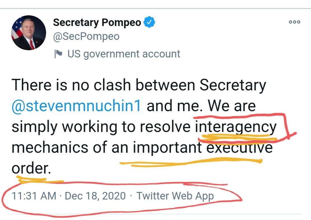 DEVELOPING: Dec 18, 2020 Sec. of State  @SecPompeo & Sec. Treasury  @StevenMnuchin1 published coordinated Tweets at 11:30-11:31 am.Per  @realDonaldTrump Exec. Order 13848, Sec. 3(b), Secretaries of State & Treasury must provide a Joint Recommendation (Interagency) on sanctions.