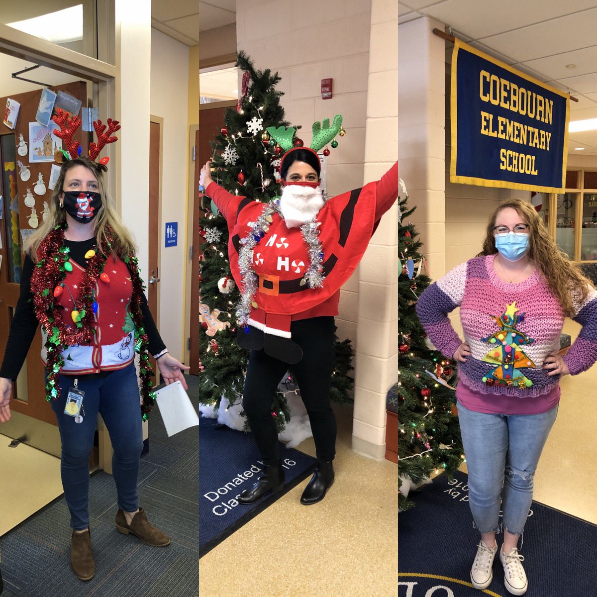 CoebournES's tweet photo. Congratulations @CoebournES Ugly Sweater Contest Winners! #MostFestive @CounselorSmall #MostFun @troecoe117 #MostCreative @misskuhn2 Thank you @coebournptl for the contest awards! #HolidayFun #CougarSpirit @PennDelco 🎄 https://t.co/DPpYt0Mws9