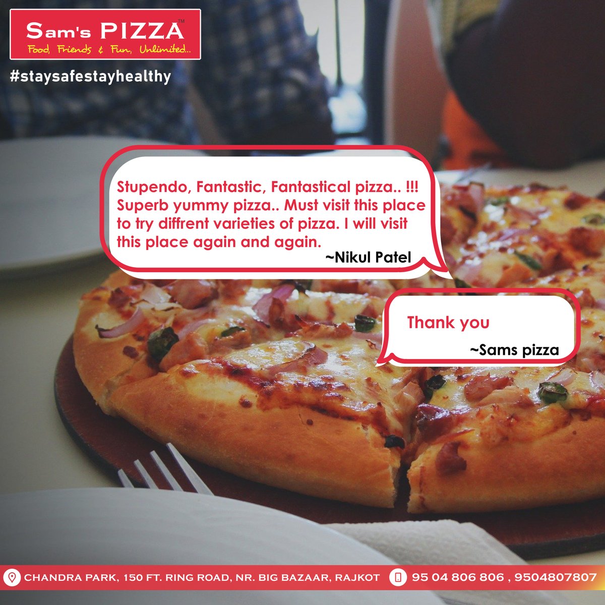 Samspizzarajkot's tweet photo. Happy Client....😀
A fantastic review by our customer !!! Thanks for all your love &amp; support.....😍😍

#samspizzarajkot 

#happycustomer #customerservice #review #rajkotcityblog #Instagram  #pizza #mozzarella #rajkotfoodies #takeawaymenu #foodlover #foodlovers #foodstagram https://t.co/06yLkoe3qi