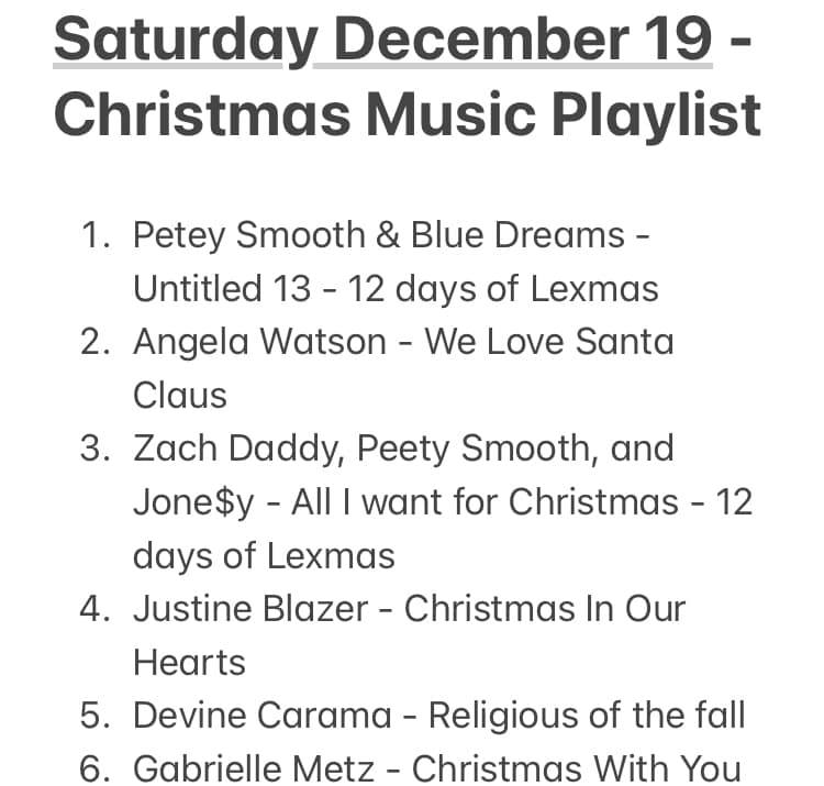 CBroadcasting's tweet photo. Christmas playlist for this Saturday show from 7 to 7:45 pm est at https://t.co/NzTL1gBD0o

@Peetysmooth, @JonesyCreates, @JustineBlazer, @DevineCarama, @gabmetzmusic, @ReEducationCmp, @lucimusic, @rmllw2llz, @RealGraceMusic, @FuriousFloyd, and Derek of @sempervivi https://t.co/tx0SkDGdIv