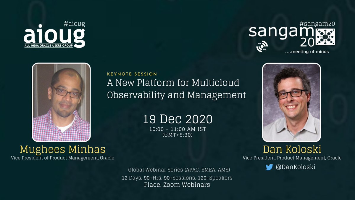 All India Oracle Users Group (AIOUG) (@aioug) on Twitter photo We're thrilled to announce Oracle Product Management VP's Mughees Minhas and Dan Koloski as a Day 11 keynote speakers! Starting in 30 mins. Join here bit.ly/San_OMP
<a href="/Oracle/">Oracle</a> <a href="/OracleDatabase/">Oracle Database</a> <a href="/OracleCloud/">Oracle Cloud</a> <a href="/OracleDevs/">Oracle Developers</a> <a href="/oracleace/">Oracle ACE Program</a> <a href="/Oracle_India/">Oracle India</a> <a href="/groundbreakers/">groundbreakers</a> <a href="/oracleugs/">Oracle User Groups</a> We're thrilled to announce Oracle Product Management VP's Mughees Minhas and Dan Koloski as a Day 11 keynote speakers! Starting in 30 mins. Join here bit.ly/San_OMP
<a href="/Oracle/">Oracle</a> <a href="/OracleDatabase/">Oracle Database</a> <a href="/OracleCloud/">Oracle Cloud</a> <a href="/OracleDevs/">Oracle Developers</a> <a href="/oracleace/">Oracle ACE Program</a> <a href="/Oracle_India/">Oracle India</a> <a href="/groundbreakers/">groundbreakers</a> <a href="/oracleugs/">Oracle User Groups</a>