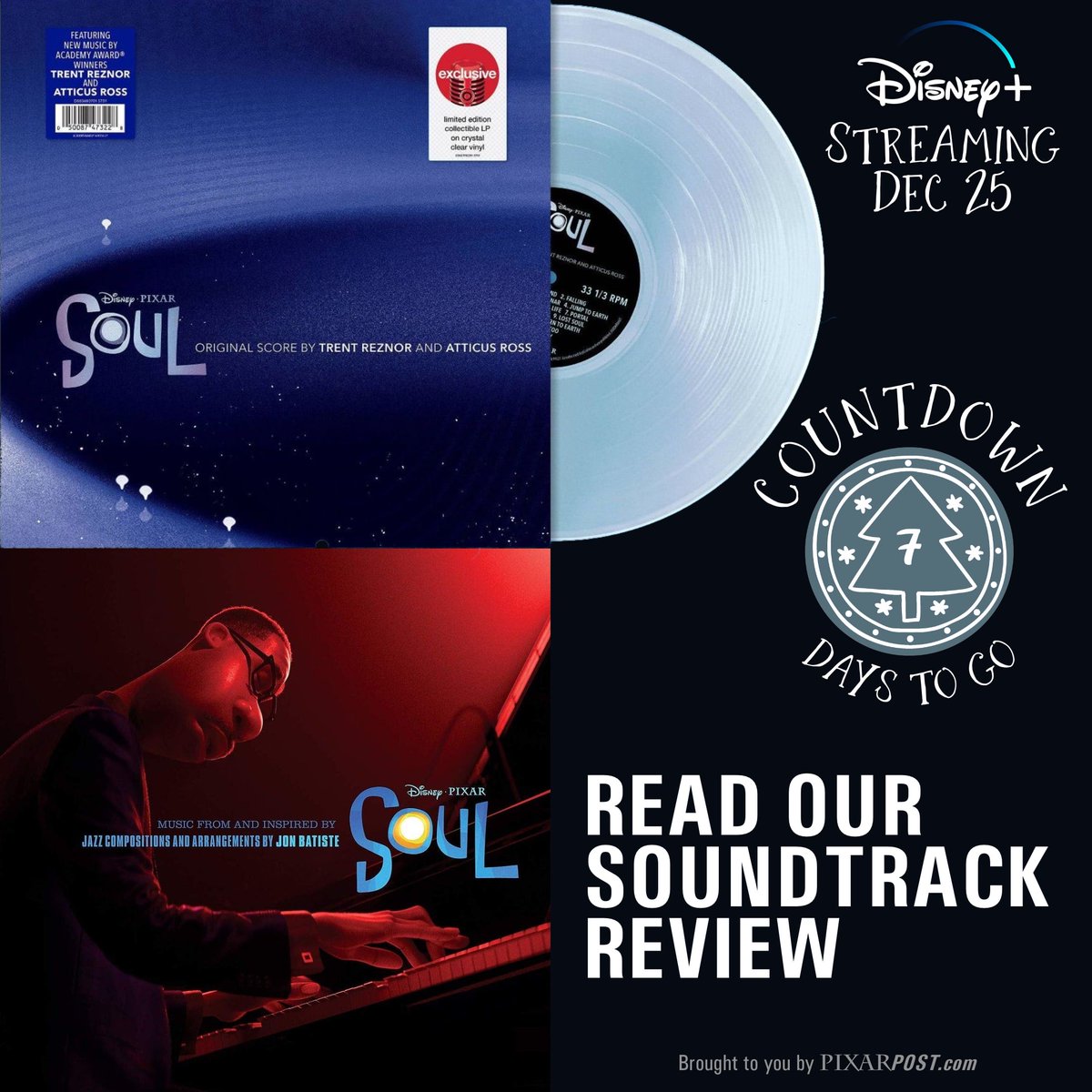 ThePixarPost's tweet photo. Only 1 week until Soul is available on #DisneyPlus! Read our review of Pixar's most unique soundtrack to date. We list our Top 3 songs from @JonBatiste’s jazz compositions and @trent_reznor & @fyeahatticus’ ethereal score https://t.co/UyX7QMxJhj #CountdowntoSoul #PixarSoul #Vinyl https://t.co/xQZGmai0QJ