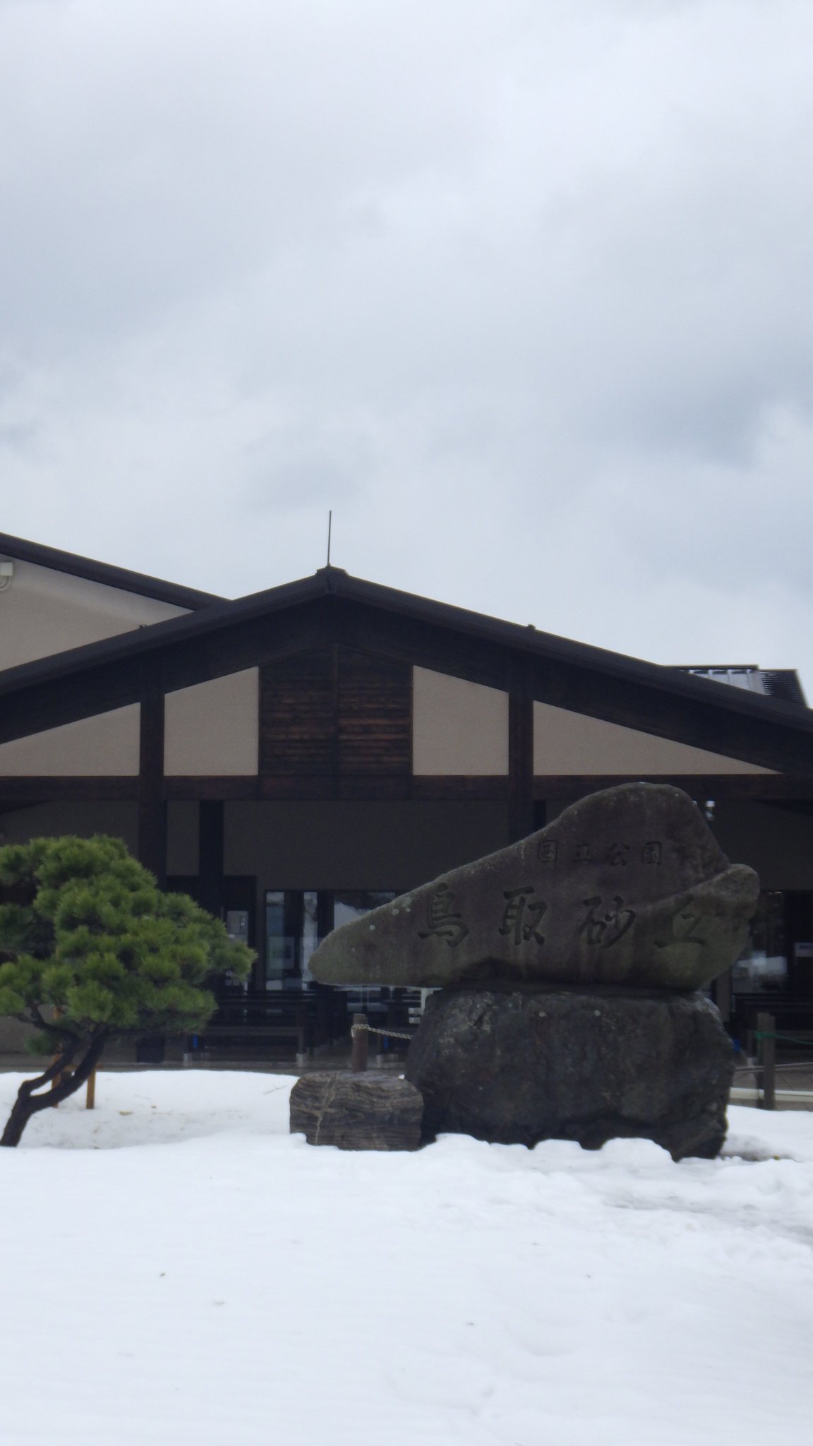 鳥取砂丘ビジターセンター 今日の鳥取砂丘 は雪の魔法がとけてだんだん砂色に戻ってきています 天気はくもり時々あられやみぞれ 風がやや強く寒いです が 観光客の皆さんは雪が残る砂丘を元気に散策しています 砂丘入口の 鳥取砂丘 石碑の周りは