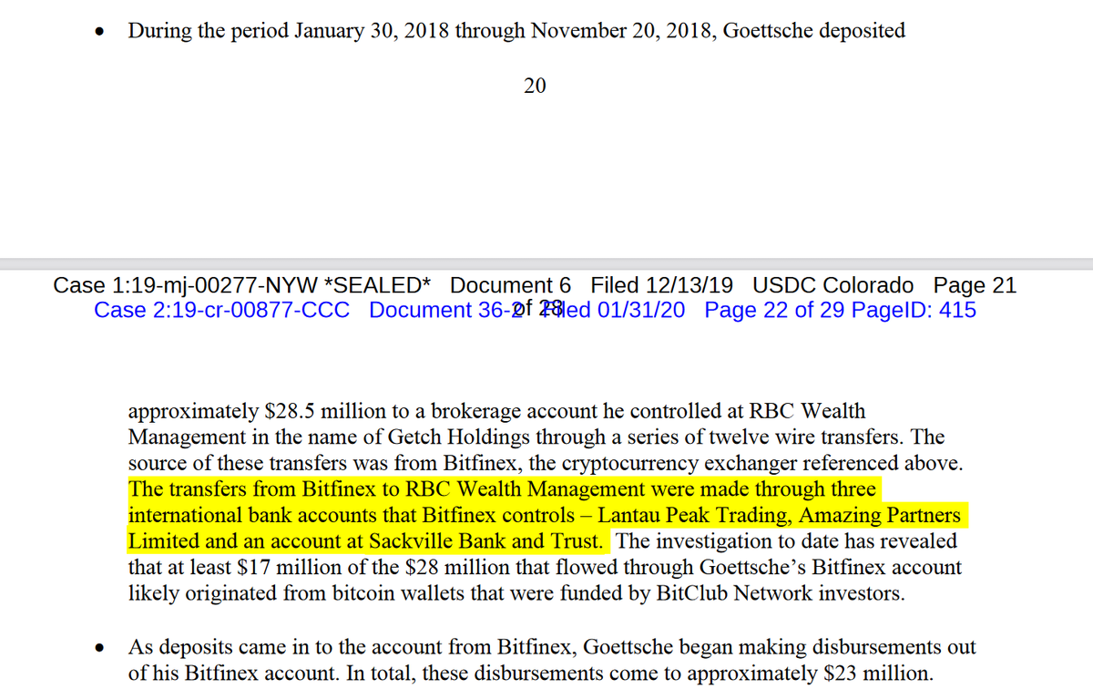1/ Bitclub scammer from the US was able to withdraw $28.5 million from Bitfinex in 2018 through 12 wire transfers. Multi-million dollar wires and not a single one of them came from Deltec Bank. $722 million ponzi... http://www.courtcasedocs.com/Case%20Files/19-CR-00877-CCC/pdf/036-2-20200131.pdf