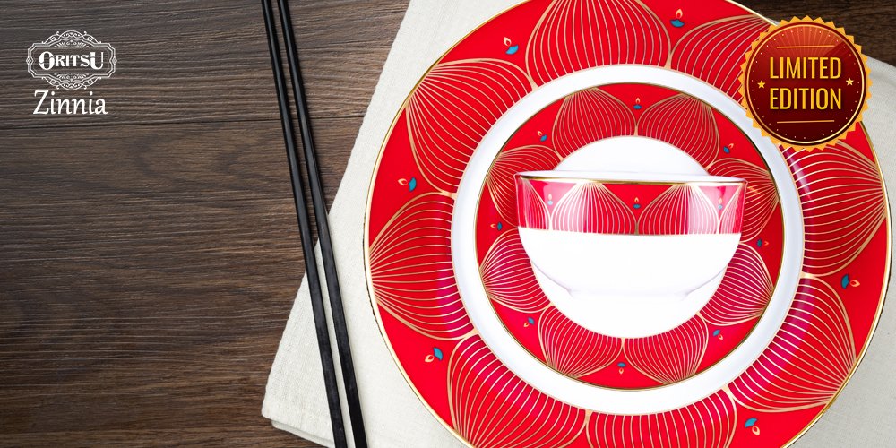 QNET_India's tweet image. Inspired by the resplendent red #Zinnia flower, the premium #ORITSU Zinnia Dinner set is bound to mesmerise you.
This beautiful 34-piece dinner set is a perfect addition for your family get-togethers and festive functions. 
#PremiumTableware #LuxuryDining  #QNETIndia #QNET