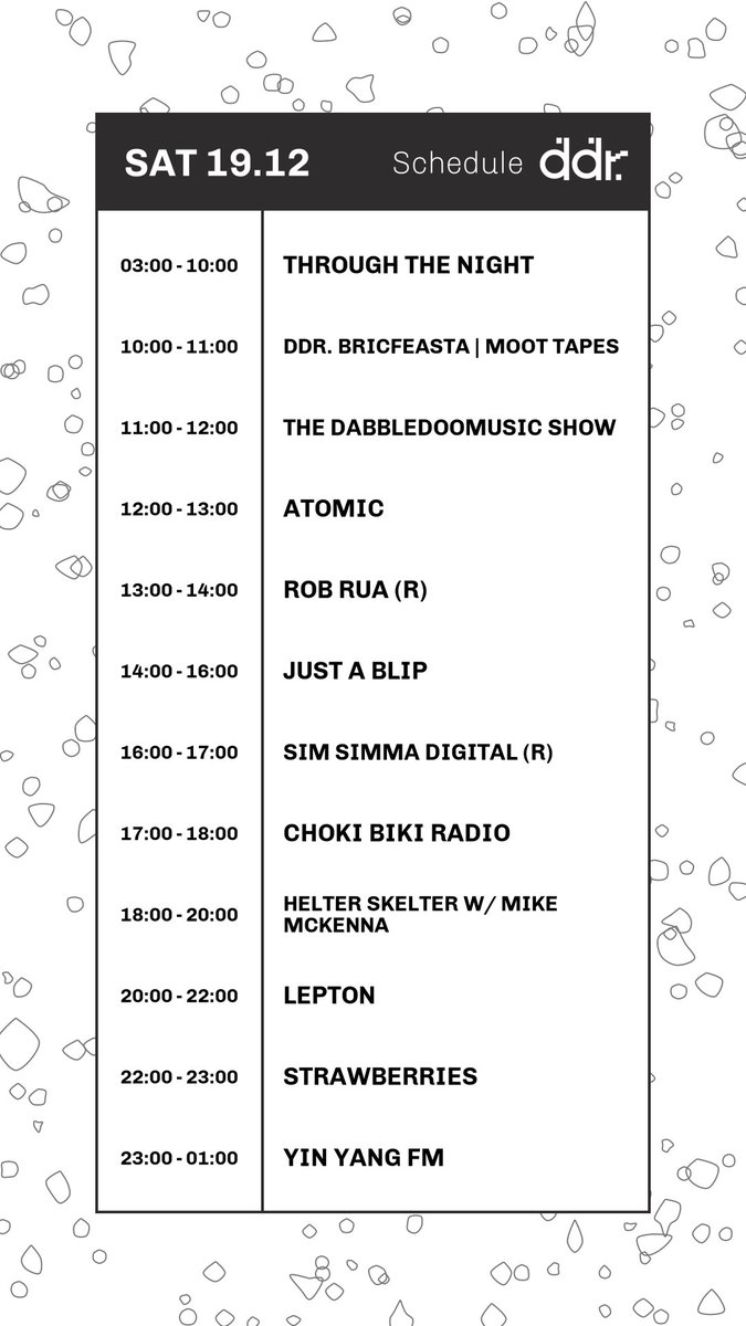 Enjoy a gentle, relaxing Saturday with a stacked lineup of shows from <a href="/MootIreland/">🇵🇸//MOOT\\🇵🇸</a> @DabbledooMusic, Atomic with @katemarcella, <a href="/Rob_Rua/">rob_ruasound</a> <a href="/shitepipe/">glenn o brien</a> <a href="/simsimmadublin/">𝐒𝐈𝐌 𝐒𝐈𝐌𝐌𝐀</a> <a href="/StrawberriesDub/">Strawberries Dublin</a> and more!