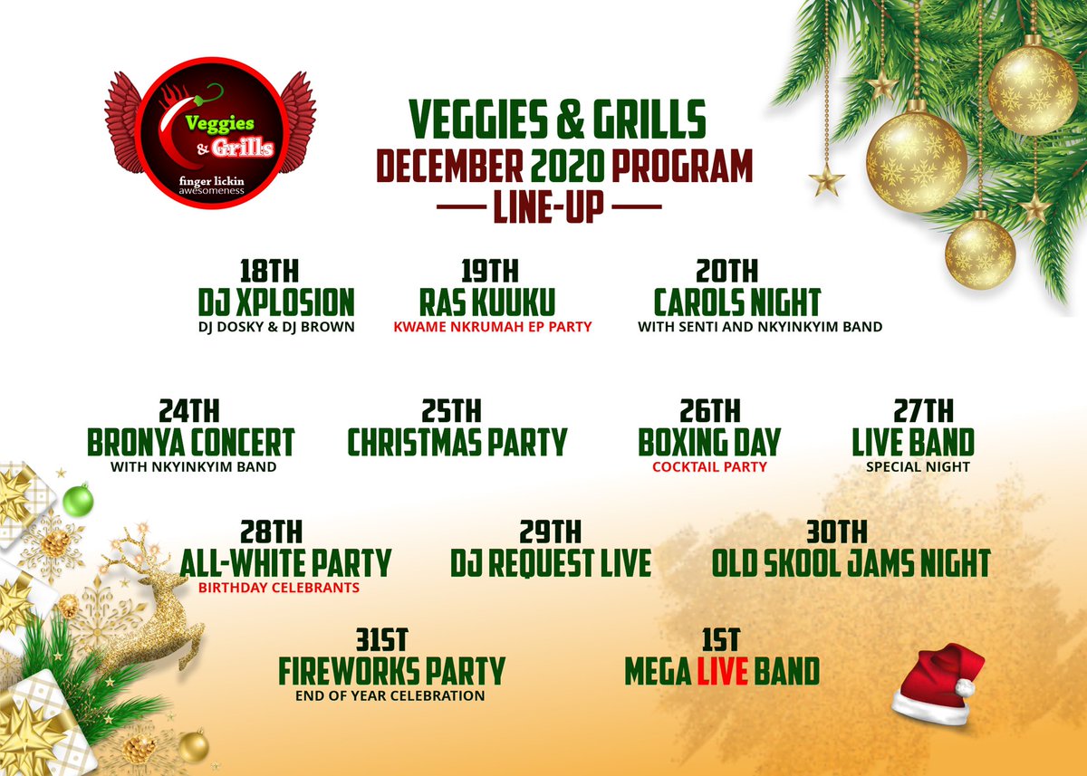 veggiesngrills's tweet image. It’s feeling a lot like Christmas now and we are in the mood for some exciting days!! 🎉🎁🍾
Join us for our #12DaysofChristmas line up this December for an unforgettable experience!! 🔥🔥🔥
#veggies #veggiesngrills #ashongmanestate #christmas  #christmasparty #christmasatveggies