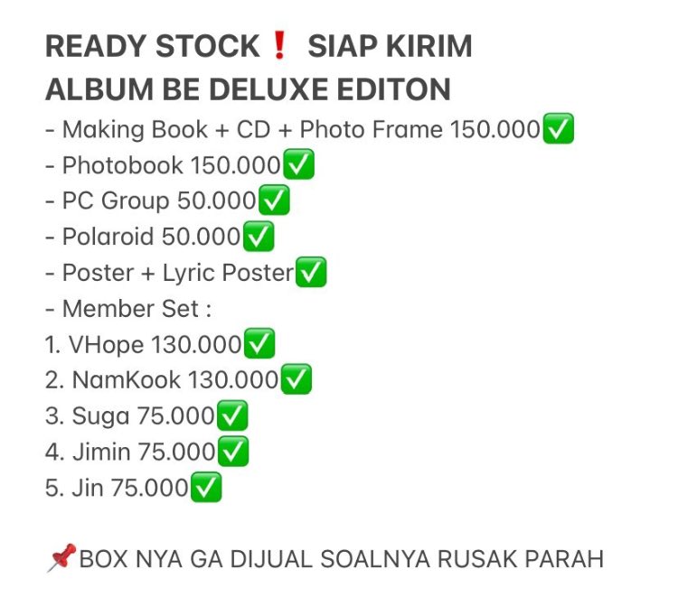 myjoealan_'s tweet photo. Haloo, kita ada barang ready album be (-) box karena box ada damage. Kita open sharing lagi yaa yukk yg kemaren nyariin ini barangnya udah ready lo bisa langsung dikirim😉😉
#readystock #albumBE #BTSARMY #bts #wts #sell #BTS_BE #BTSGrammyNomination #SharingAlbum #ARMYSelcaDay https://t.co/uDt071QeMR