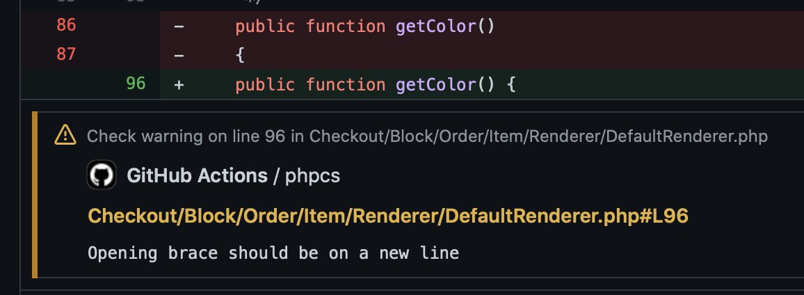 Zifius's tweet image. Yesterday I created a pretty simple but neat @github action to run @MagentoEngCom coding standard on pull requests to extension repo, the output looks like this and here is a gist to get this going: gist.github.com/Zifius/adecc96…
Current runtime is under 30 seconds
#phpcs #magento2