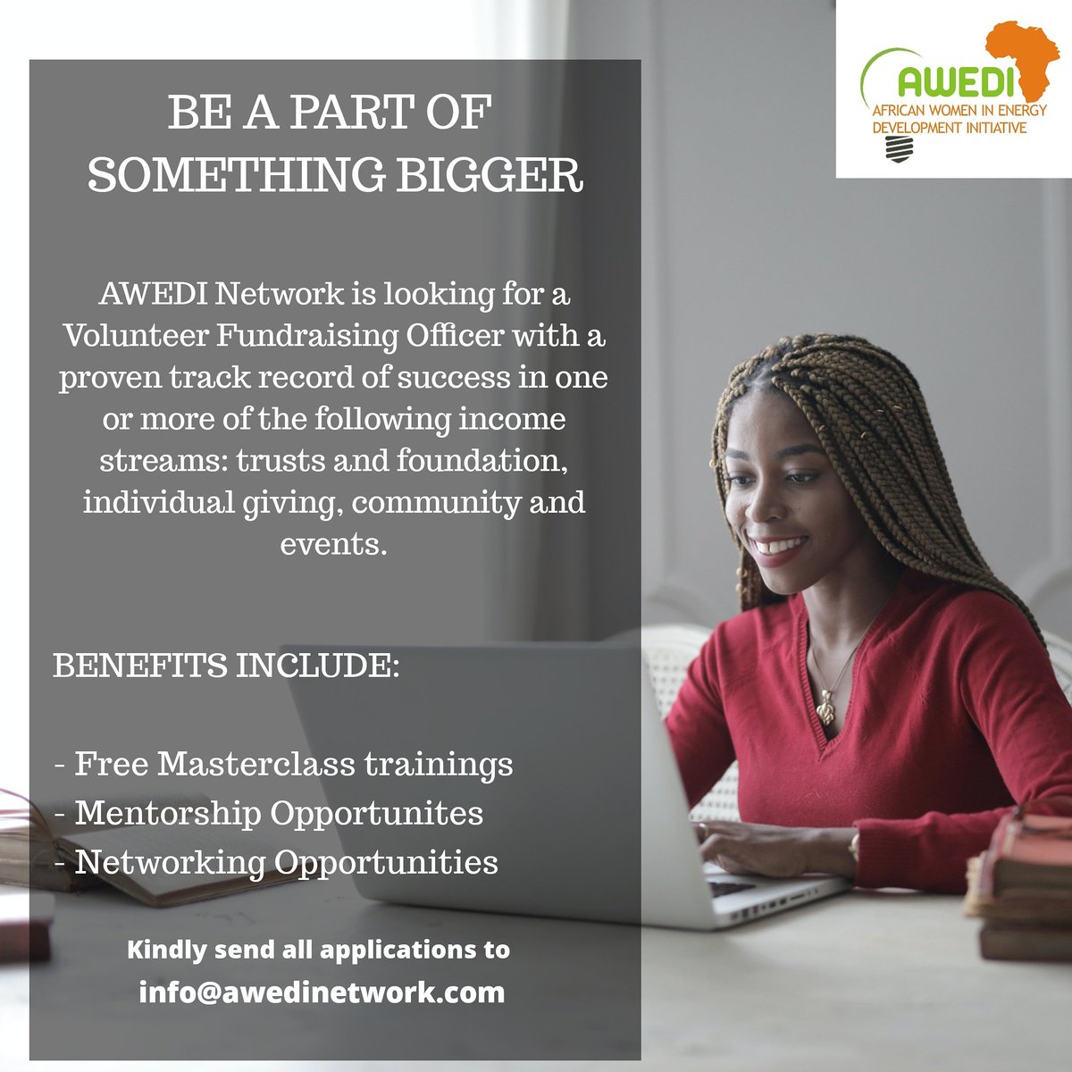 AwediNetwork's tweet photo. The African Women in Energy Development Initiative (AWEDI Network) is looking for a Volunteer Fundraising Officer
Kindly send all applications to info@awedinetwork.com
#job #jobsalert #womeninenergy #awedinetwork #renewableenergy #WomenInSTEM #womeninpower #Womenintech https://t.co/JE6m3TacgD
