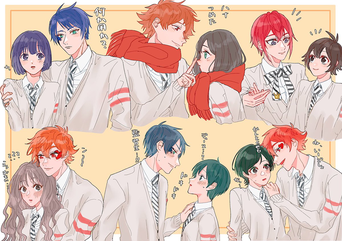 multiple boys school uniform scarf necktie multiple girls blue hair red hair  illustration images