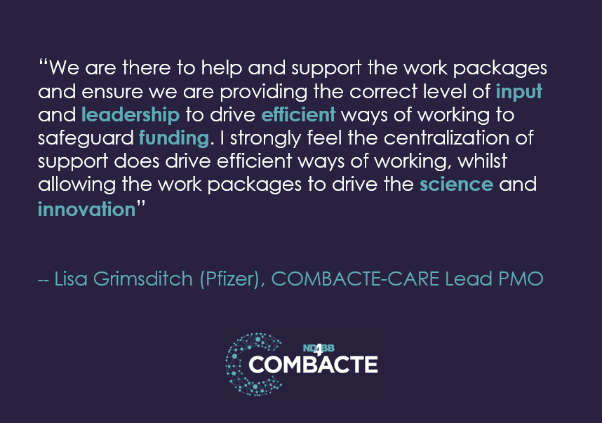 COMBACTE's tweet photo. This #SaturdayStory features Lisa Grimsditch, lead of the #COMBACTE-CARE Project Management Office. She is part of @Pfizer, the lead @EFPIA partner of COMBACTE-CARE. The PMO's role in COMBACTE is to drive and promote consistency says Lisa: https://t.co/Xwawa9KLyv @IMI_JU https://t.co/8QcMFZmDkA