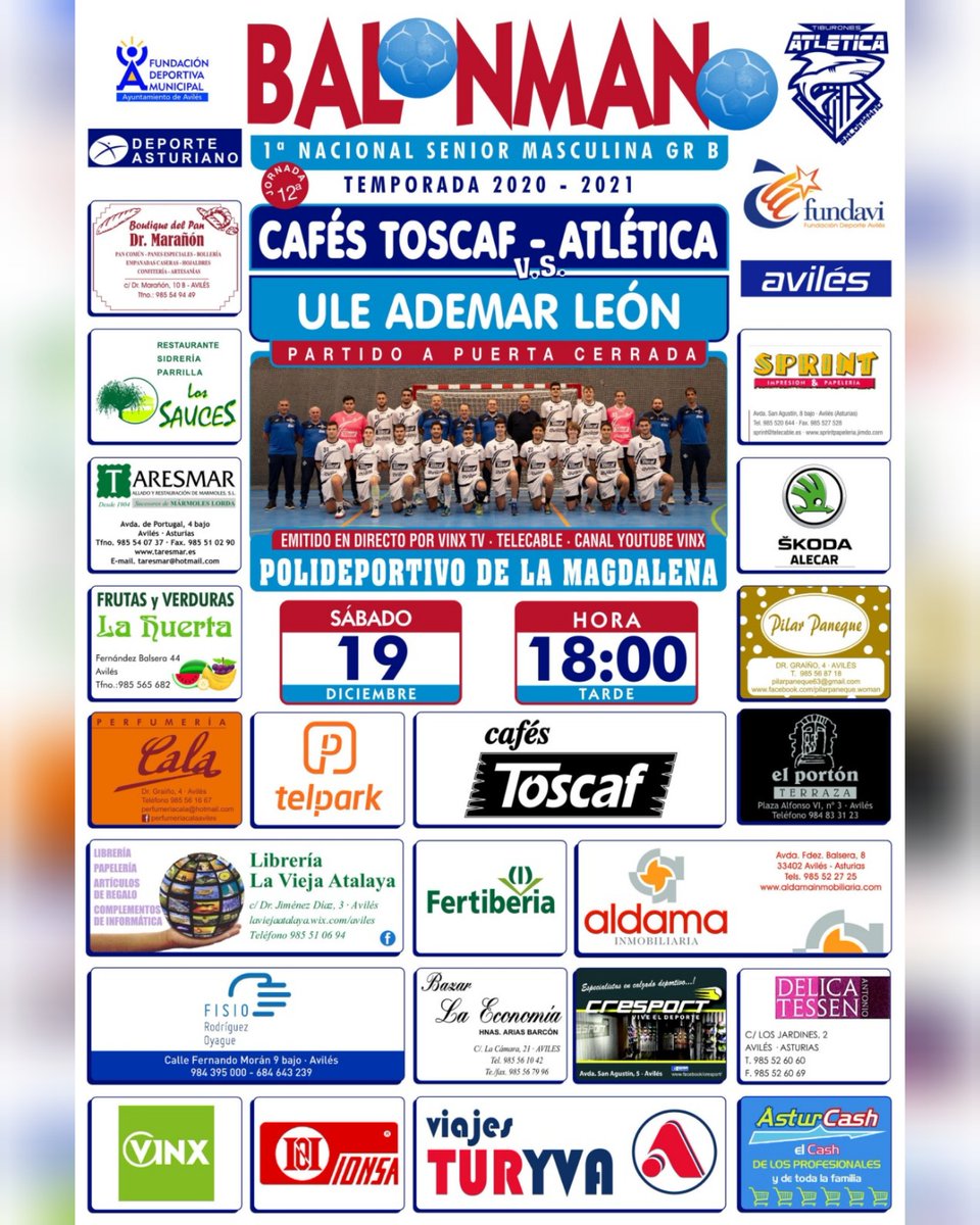 Atlética Avilesina (@avilesina_) on Twitter photo 🔷 BALONMANO
Hoy es #diadepartido para el <a href="/Cafes_Toscaf/">Cafés Toscaf</a>
🆚 <a href="/ADEMARLEON/">//Abanca Ademar León</a> B
🏟️ La Magdalena
🕕 18 horas
Hay 120 asientos disponibles para presenciar el encuentro. Se cubrirán por orden de llegada
#tiburones🦈 🔷 BALONMANO
Hoy es #diadepartido para el <a href="/Cafes_Toscaf/">Cafés Toscaf</a>
🆚 <a href="/ADEMARLEON/">//Abanca Ademar León</a> B
🏟️ La Magdalena
🕕 18 horas
Hay 120 asientos disponibles para presenciar el encuentro. Se cubrirán por orden de llegada
#tiburones🦈