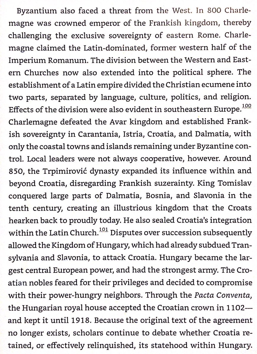 Charlemagne conquered Croatia from Avars. In 850 Croats under Trpimirovic dynasty forged their own kingdom. In 1102 dynastic disputes led to Hungarian takeover until 1918. Original Hungarian takeover agreement lost, uncertain if Croatia kept or lost her statehood within Hungary.
