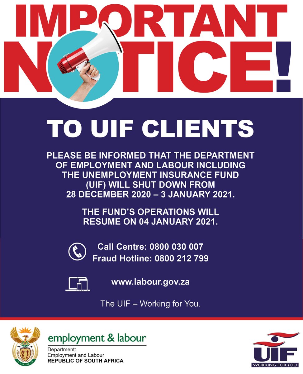 deptoflabour's tweet photo. Good morning, please take note of the following message from the Unemployment Insurance Fund https://t.co/KsevVnf9Ha