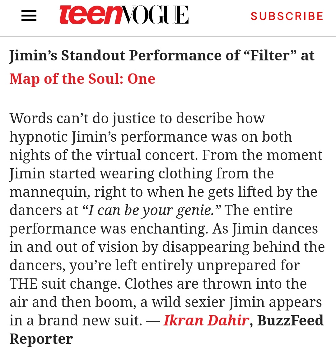 Hearts4Jimin's tweet photo. [#JiminFeatures]
|201219|

Teen Vogue listed Filter performances amongst the "Best Kpop Moments of 2020"

🔗https://t.co/ho5JI3uExc

"Words can’t do justice to describe how hypnotic #JIMIN's performance was on both nights of the virtual concert."

#지민 #방탄소년단지민 @BTS_twt https://t.co/1lbaIHvg8p