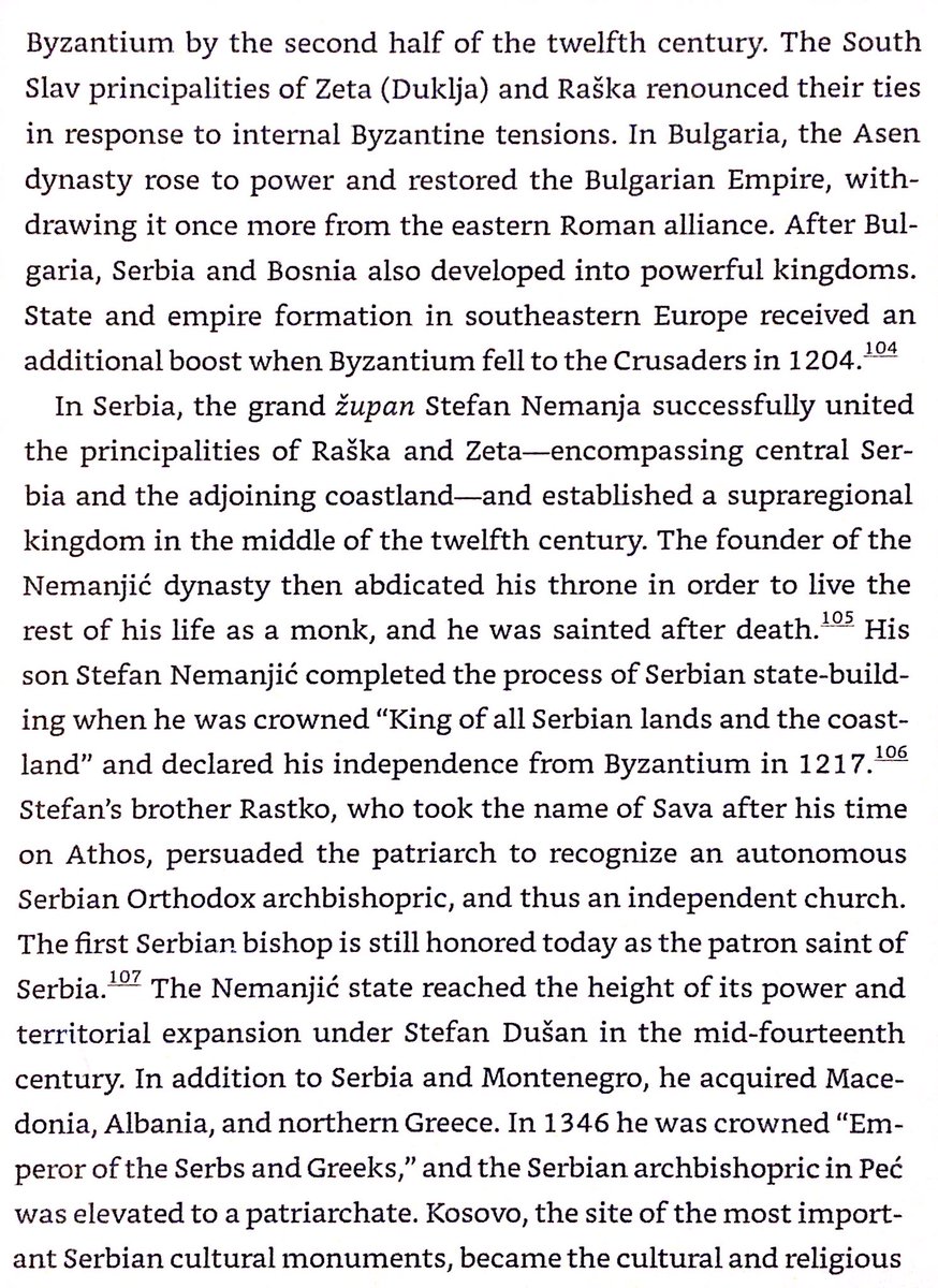 Byzantines decline & Slav growth led to Bulgarian, Bosnian, & Serb nobles abandoning the empire in 2nd half of 1100s. Nemanjic dynasty formed a Serb state in 1217, with Kosovo becoming its cultural & religious heart. They also created the Serbian Orthodox Church.