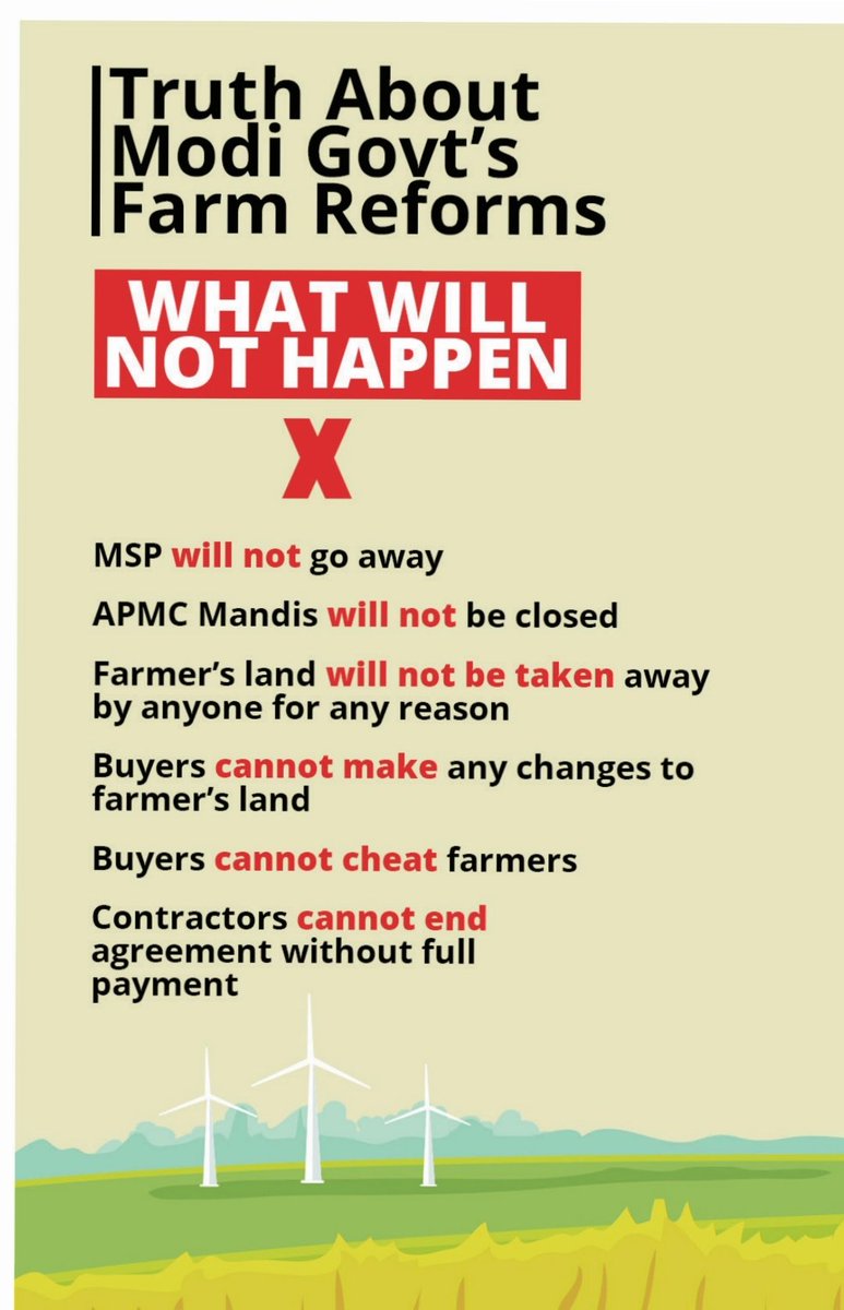 sambitswaraj's tweet photo. MSP WILL NOT go away.

APMC mandis WILL NOT BE closed.

Farmer's land WILL NOT BE taken away by anyone for any reason.

Buyers CANNOT make any changes to Farmer's land.

Buyers CANNOT cheat farmers.

Contractors CANNOT end the agreement without full payment.

#ModiWithFarmers https://t.co/aJCsybQk7O