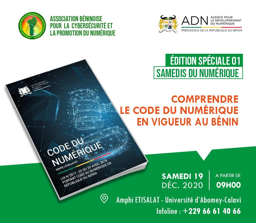 jeremieadja's tweet photo. Le #CodeduNumerique229 expliqué, décrypté et débattu à bâtons rompus et sans tabou Rejoignez nous tout à l'heure à @uacbenin en présentiel ou sur Zoom https://t.co/pMrvyR3oUe
@Benin_retweet @BeninRevele @24haubenin @ocrc_benin @ab_benin @BeninNumerique @Serge_Numerique @abc_pn https://t.co/J9zjoh2Y7Z