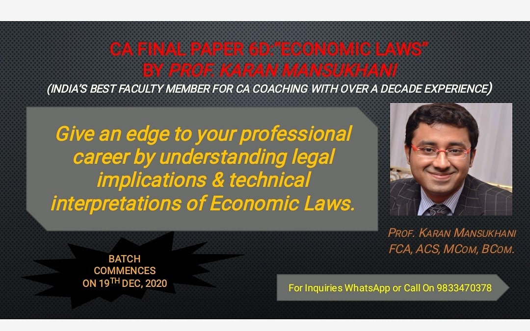 KaranMansukhan3's tweet image. If you want to make Your career in legal counseling, representation in courts and Jurisprudence then learn Economic Laws with me.

Learn the legal implications of Money Laundering, IBC, Benami Property.

Enroll now!!!
#cafinal
#caintermediateclasses
#CACoaching
#mumbai
#chennai