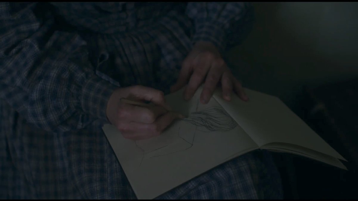 In  #Ammonite, a woman falls sick with fever.A scientist, who has only sketched the contours of fossils thus far, sketches the contours of the ill woman's body.After her pencil hits the page, her accidental model stirs. The scientist's caring eye is life-giving.