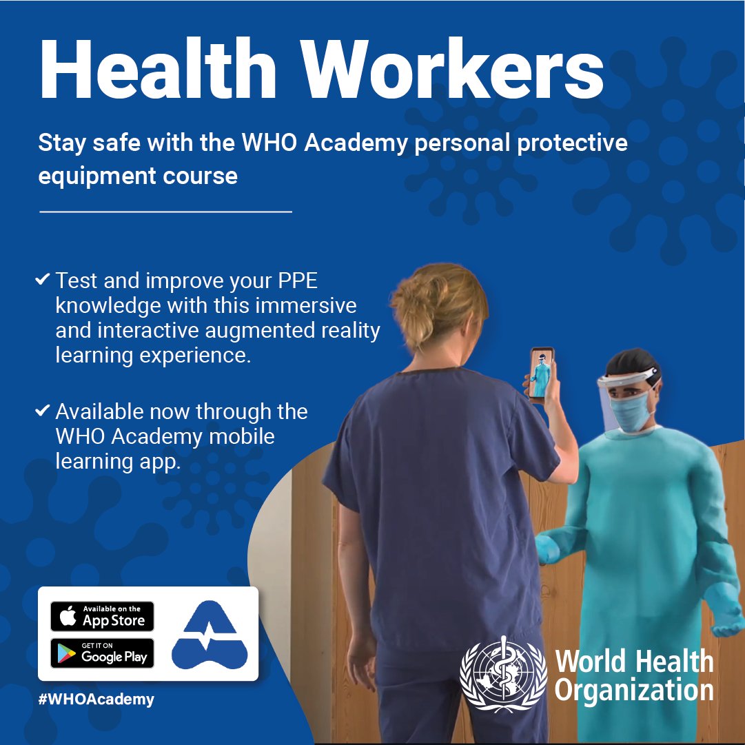 WFUMB's tweet image. If you're a #healthworker, stay safe from #COVID19 -learn or refresh your PPE skills with the free @WHO #AugmentedReality#PPE training. Get the #WHOAcademyapp and take the course today! Stay safe. Stay well.  whoa.page.link/ARPPE