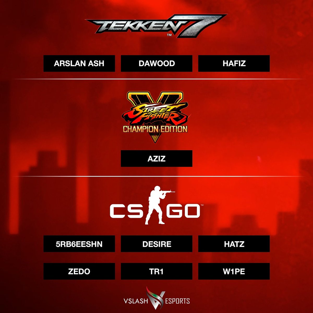 VslashEsports's tweet photo. With the end of 2020, we are sad to announce the departure of #Tekken7 #SFV & #CSGO roasters.
We would like to thank everyone of them for playing a big part in vSlash
vSlash will continue to support talents and continue #SlashnDash series in MENA & Pakistan
#missioncompelete https://t.co/K0XoMlbYvw