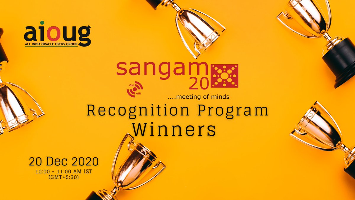AIOUG's tweet photo. Just Announced: Tomorrow is Final Day of Sagam20! Please register and join the #Sangam20 recognition Program Winners session, and we will announce all the winners. Note: You must enter the zoom session to claim the gift voucher. https://t.co/6gOnO9Ksud