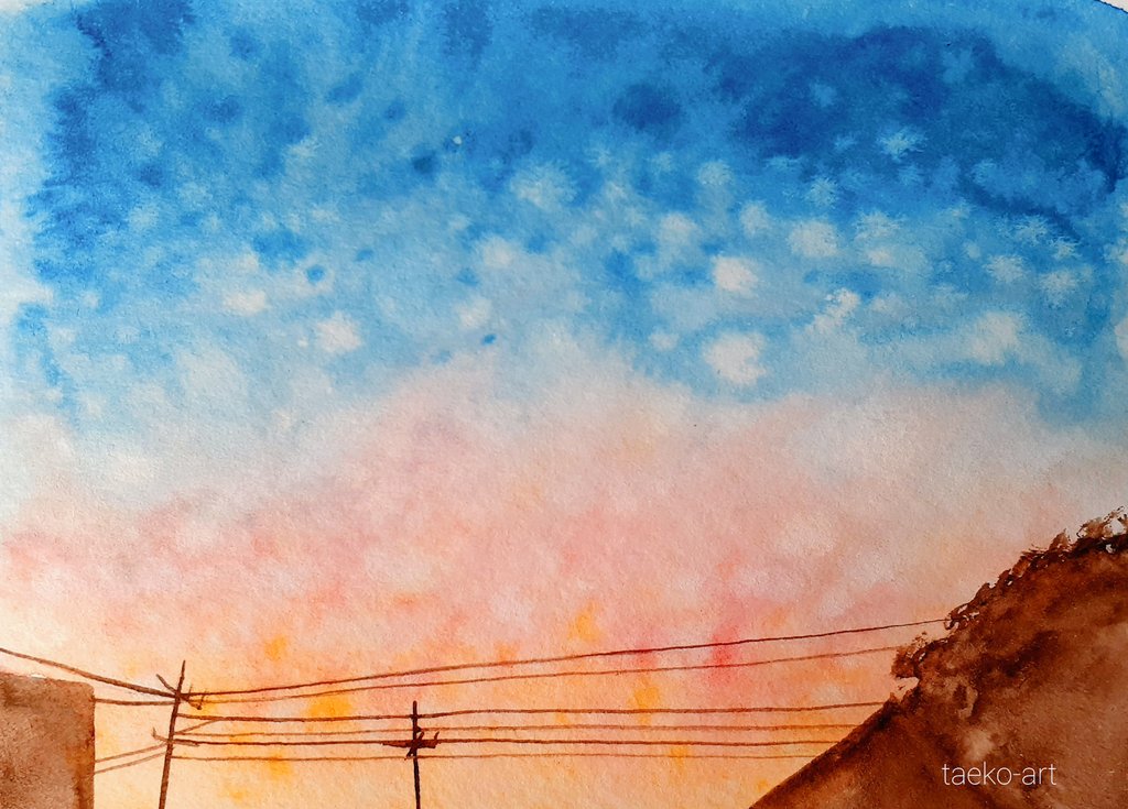Taeko アナログ絵描き 今日もお疲れ様 暖かくして過ごしてね 絵描き 水彩画 水彩イラスト Watercolor 手書き アナログ絵描きさんと繋がりたい 絵描きさんと繫がりたい イラスト好きさんと繋がりたい 夕日 冬の創作クラスタフォロー祭