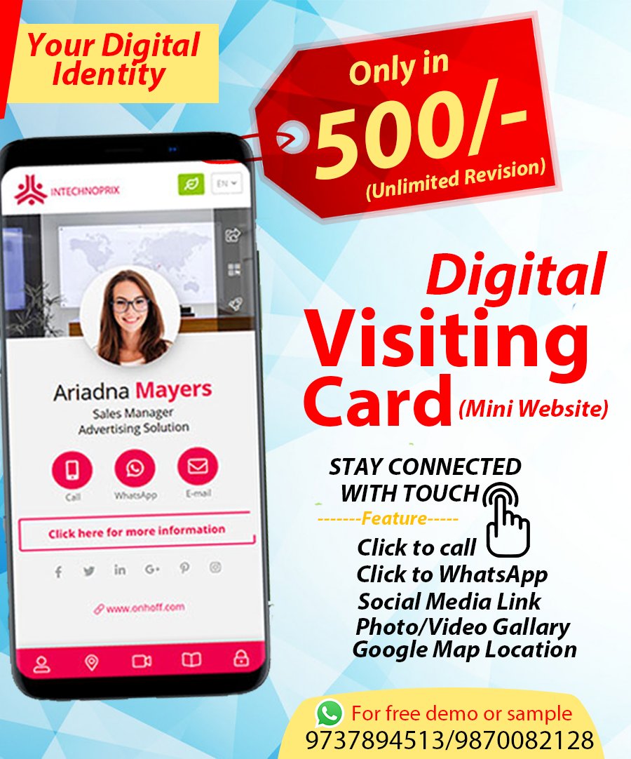 Here, We offer digital visiting card(mini website) for your business for attracting more customers &amp; showcase your business on to the global level.
It is Smart, Elegant &amp; Affordable.
Only one time investment
Unlimited Revisions
Hurry Up...
Contact Now:-
9737894513
9870082128