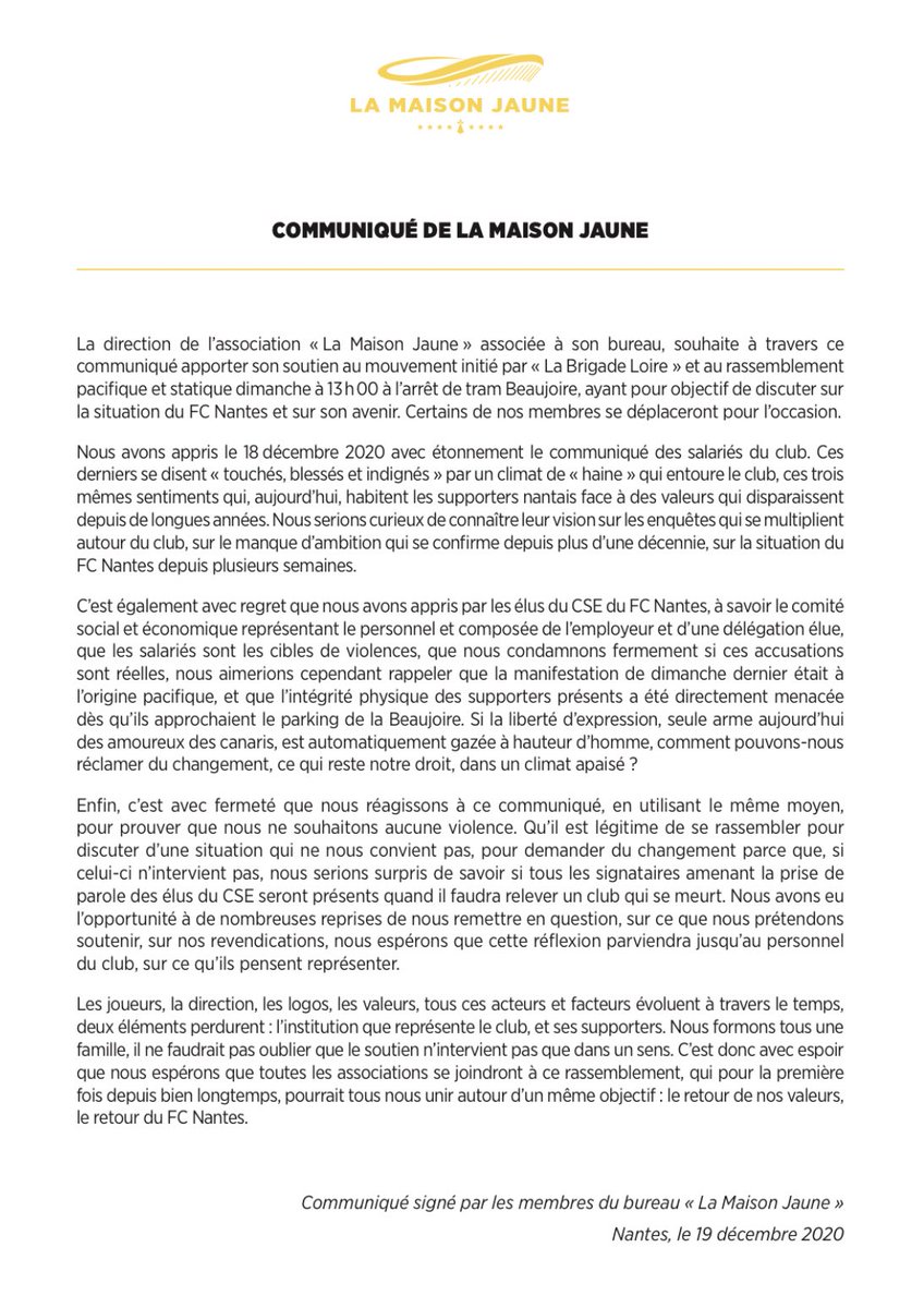 La_MaisonJaune's tweet photo. 📝 Communiqué « La Maison Jaune ». 

Nous soutenons le rassemblement prévu demain à l’arrêt de tram « Beaujoire », pour l’avenir du FC Nantes. https://t.co/ocRiGtQAq2