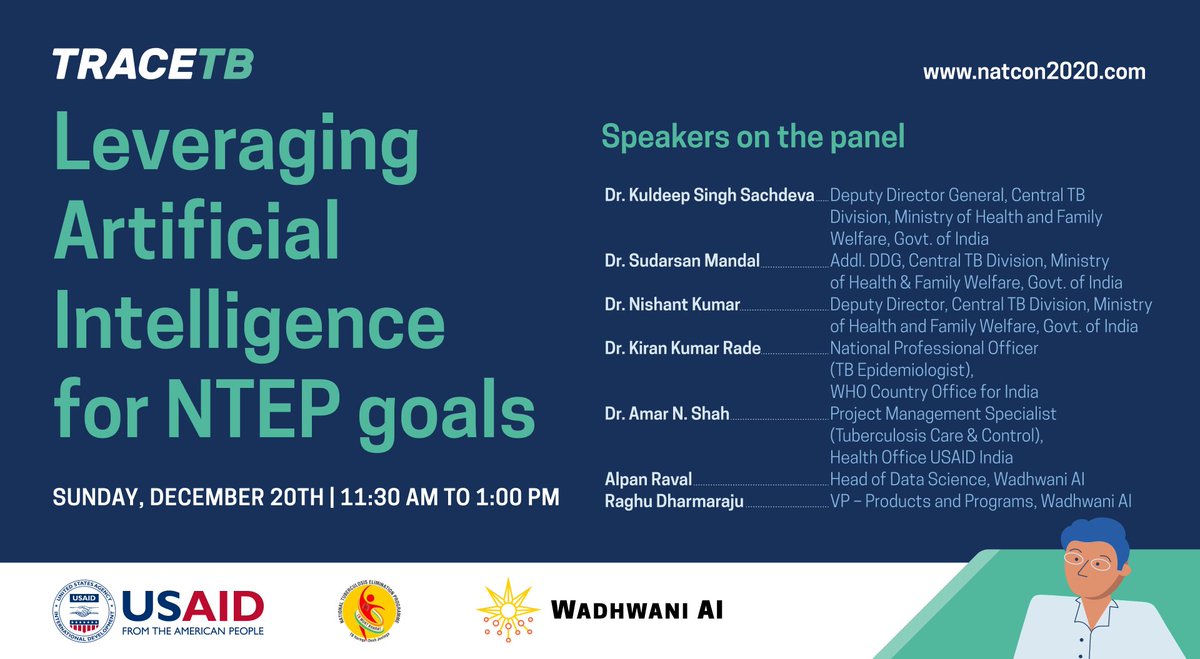WadhwaniAI's tweet photo. Join our #NATCON2020 session on Leveraging AI for NTEP goals with @Raghu__ @alpanrav @ddgtb2017 @sudarsannrs1962 @drkiranrade @nishantjeph @amar_niranjan for a great discussion on the need for sustainable systems and mechanisms to improve TB treatment and prevention with AI https://t.co/7QcZecip4K